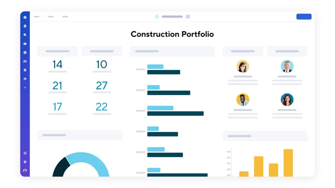 Smartsheet construction portfolio dashboard tracking projects, schedules, budgets, and team workload